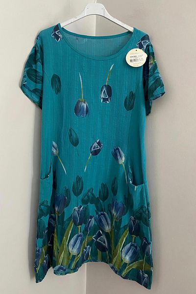 AYASOFYA OTANTIK Women's Italian Cyan Tulip Pattern Short Sleeve Cotton Midi Dress with Bag Pocket