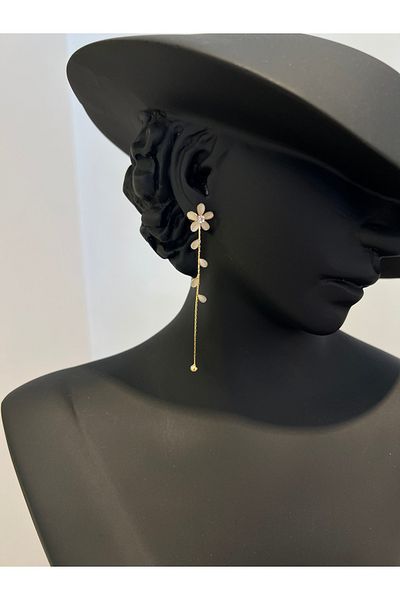 VİYA Gold Flower and Pearl Detailed Dangle Steel Earrings