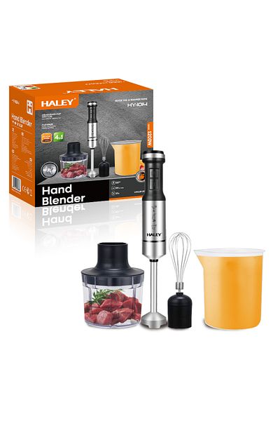 HALEY 4-in-1 Electric Hand Blender, 1200W, Stainless Steel, 2 Speeds + Accessories – Chopper, Whisk