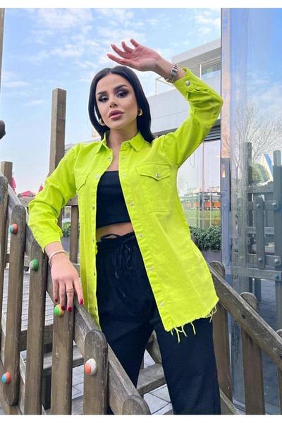 TOSKI Cămașă de damă din denim verde deschis cu nasturi