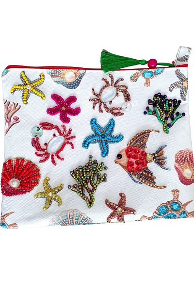 Uretti - Sümeyya 2589 0148 Handmade Ethnic Sea Themed Bead Embroidered - Green Tassel Clutch Bag