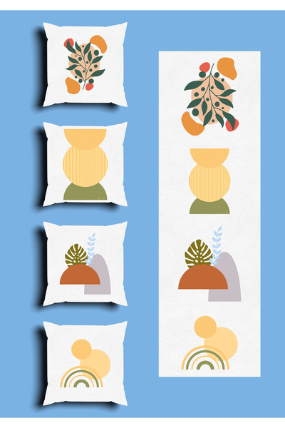 GREENDECOR Bohemian Geometric Line Shapes Special Design 4 Pcs. Double Side Printed Throw Pillow Cover and 1 Pcs. Runner