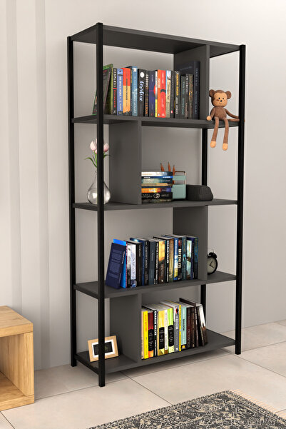 Remaks LARGE 5 RAFLI Kitaplık Kütüphane Hareketli Raflı Dekoratif Kitaplık-ANTRASİT