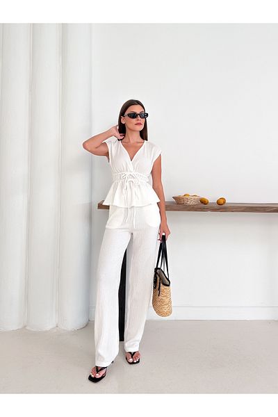 Cistern İstanbul Women's White Waist Gathered and Lace Detailed Blouse Pants Set