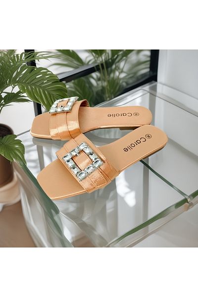OEM Women's slippers with decorative crystal applications, made of textile material, for summer, F25