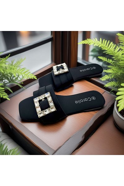 OEM Women's slippers with decorative crystal applications, made of textile material, for summer, F25