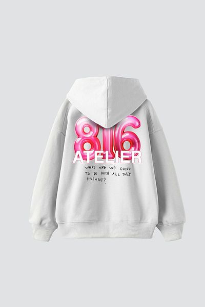 Sekizbiraltı 816 Atelier Printed Oversize Unisex Λευκό Hoodie