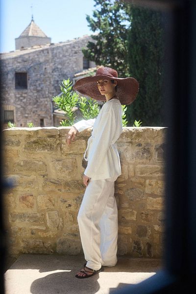 BE BLUE Ekru Cotton Linen Palazzo Pants