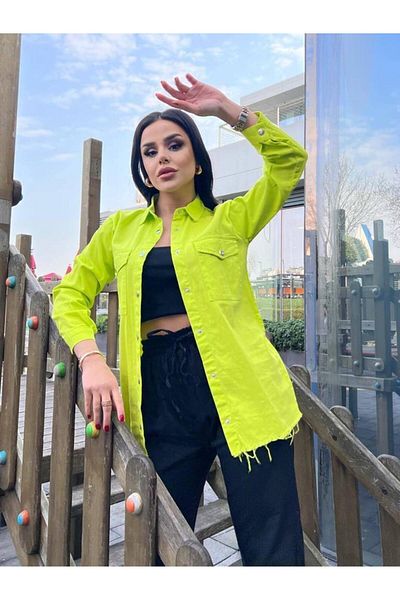TOSKI Cămașă de damă din denim verde deschis cu nasturi