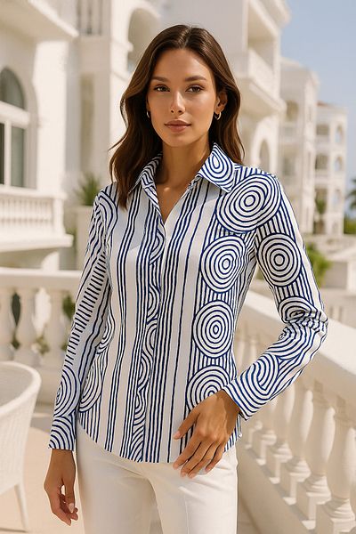 Rich Cămașă slim fit pentru femei, albastru, alb, cu model din satin, cu detaliu de nasturi ascunși