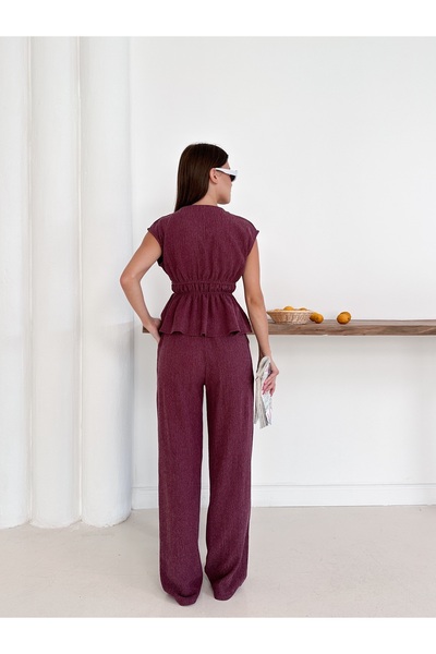 Cistern İstanbul Women's Burgundy Waist Drawstring and Lace Detailed Blouse Pants Set