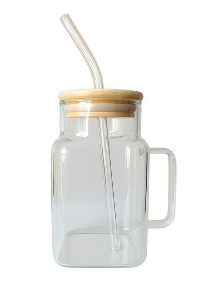 350 ml Borosilikat Cam Bardak – Bambu Kapaklı ve Cam Pipetli