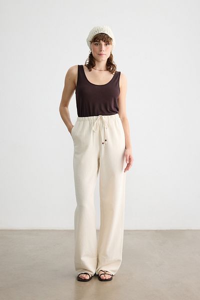 BE BLUE Natural Bead Detail Viscos Linen Pants