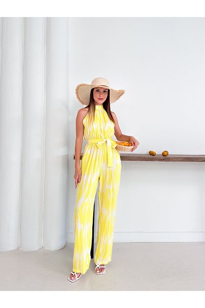Cistern İstanbul Women's Yellow Patterned Halter Neckline Waist Belted Jumpsuit
