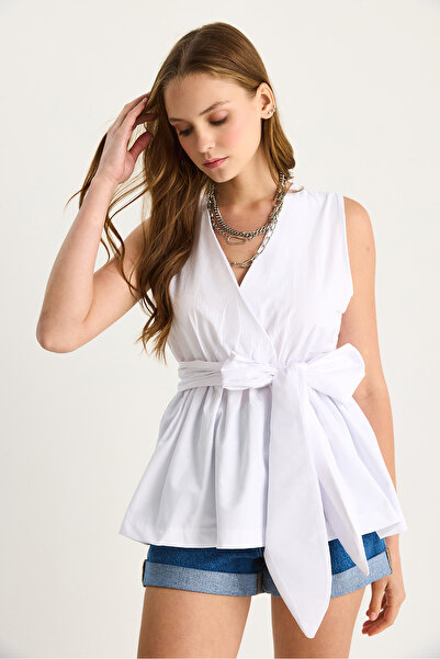 Bianco Lucci Women's Elastic Waist Double Breasted Collar Belted Poplin Blouse 8048 60283486