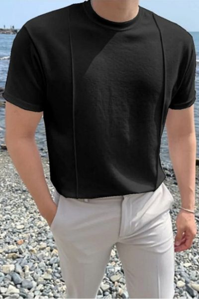 Tarz Cool Μαύρο ανδρικό πλεκτό μπλουζάκι με στρογγυλή λαιμόκοψη 2 ρίγες