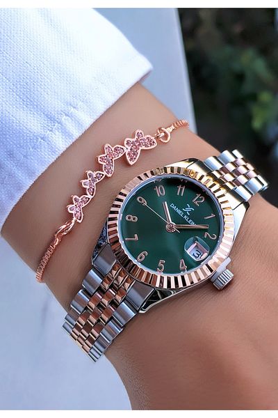 Daniel Klein Women's Wristwatch Small Case Green Dial Rose Silver Steel Band Bracelet Gift