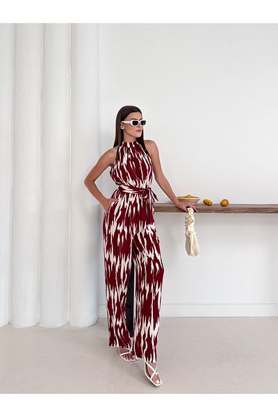 Cistern İstanbul Women's Burgundy Patterned Halter Neckline Waist Belted Jumpsuit