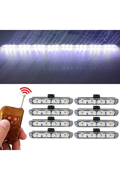 BGRJ Automotive Set of 8 white strobe lights for grille, remote control, 7 functions, 12V