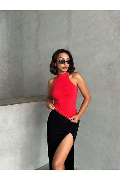 MELA ROSSA Women's Red Stand Collar Sleeveless Viscose Elasthane Camisole Blouse