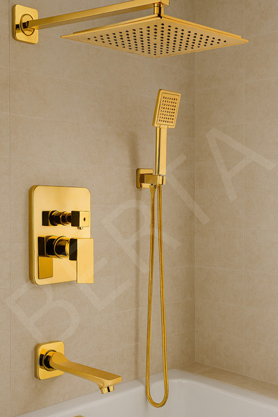 Berta Hijyen Altın Ankastre Duş Sistemi Banyo Bataryası (3 YÖNLÜ) Set Kare Model Ultra Lüks 4'lü Duş Seti Gold