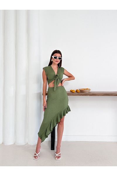 Cistern İstanbul Women's Khaki Front Tie Detail Crop and Ruffle Skirt Two Piece Set