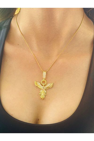 Gönülden Tasarım Zircon Stone Engraved Steel Anka Bird Women's Necklace 24 cm