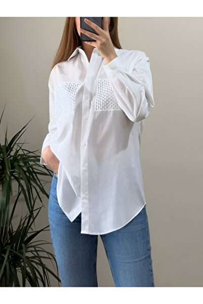 ALPACO Cămașă din poplin cu pietre -Alb -COLECȚIE