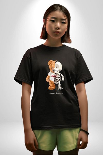 Angemiel Bear Teddy Show Your Real Face Skeleton Black Oversize Women Men Front Printed T-Shirt