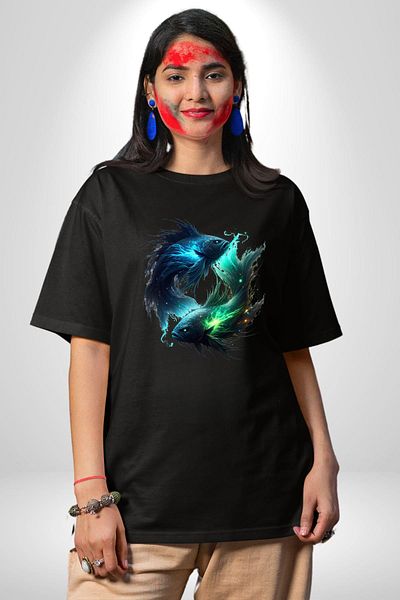 Angemiel Pisces Special Design Black Oversize Women's Men's Front Printed T-Shirt
