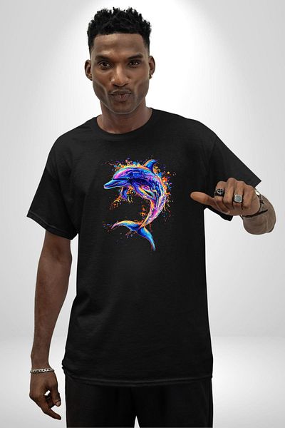 Angemiel Colorful Artistic Dolphin Neon Splash Black Oversize Women's Men's Front Printed T-Shirt