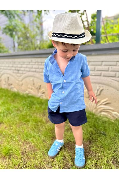GÖKJOY BUTİK Premium Quality Hat Included 3-Piece Boy's Shirt and Shorts Suit