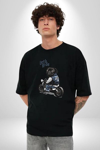Angemiel Motorcycle Pug Let's Ride! Black Oversize Women's Men's Front Printed T-Shirt