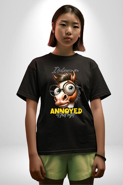 Angemiel Eyeglasses Edgy Horse Comedy Black Oversize Women Men Front Printed T-Shirt