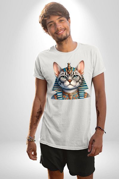 Angemiel تي شيرت مطبوع عليه Royal Crown Cat White للنساء والرجال من Egyptian Mau