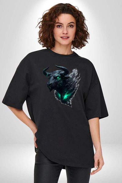 Angemiel Taurus Special Design Black Oversize Women's Men's Front Printed T-Shirt