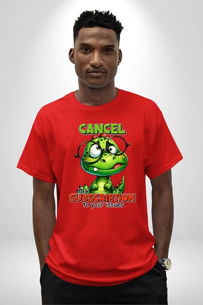 Angemiel Red Oversize Women's Men's Front Printed T-Shirt with Dinosaur Subscription Cancellation Written