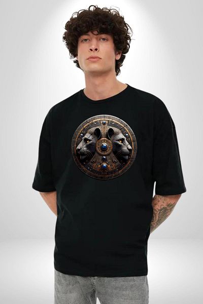 Angemiel Holy Lion and Mythology Egyptian Pyramid God Black Oversize Women Men Front Printed T-Shirt