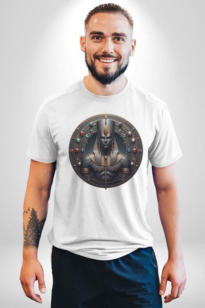 Angemiel تي شيرت Anhur Egyptian God of War and Hunting أبيض كبير الحجم للنساء والرجال مطبوع من الأمام