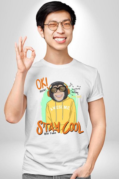 Angemiel تي شيرت Stay Cool Fun Monkey Graphic أبيض كبير الحجم للنساء والرجال مطبوع من الأمام