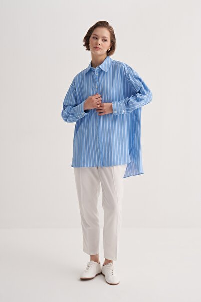 EBU Prive Γυναικείο πουκάμισο Poplin oversized με ρόμπα ριγέ μπλε