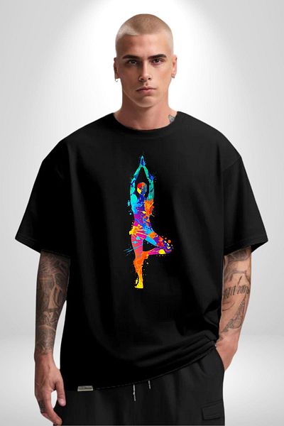Angemiel Colorful Yoga, Meditation and Spiritual Themes Black Oversize Women Men Front Printed T-Shirt
