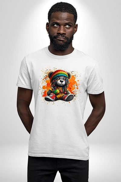 Angemiel تي شيرت مطبوع عليه دب تيدي بير ملون من Rasta Shoes باللون الأبيض للنساء والرجال