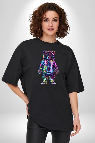 Angemiel Neon Lights Revived Teddy Bear Black Oversize Women's Men's Front Printed T-Shirt