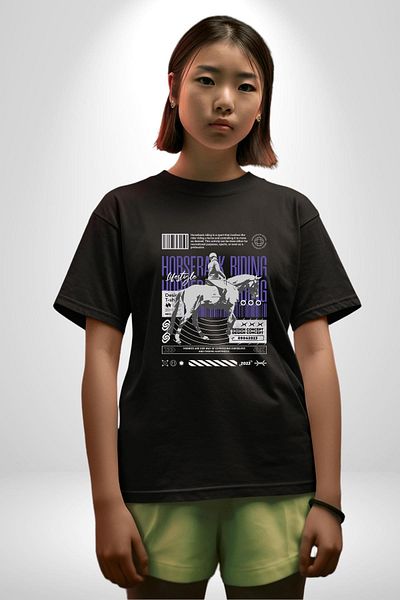 Angemiel Equestrian Lifestyle Horse Riding Black Oversize Women's Men's Front Printed T-Shirt