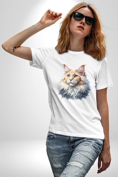 Angemiel تي شيرت مطبوع من الأمام للنساء والرجال باللون الأبيض من Maine Coon Cat