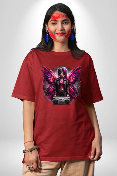 Angemiel Boombox and Bright Wings Design Red Oversize Women's Men's Front Printed T-Shirt