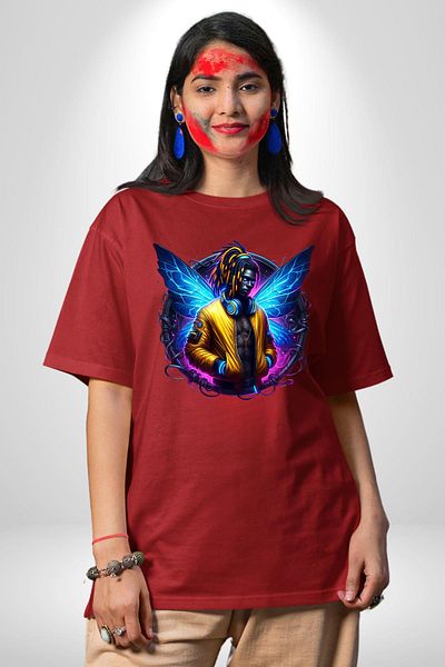 Angemiel Electronic Music and Wings New Generation Design Red Oversize Women Men Front Printed T-Shirt