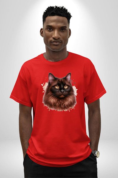 Angemiel Ragdoll Cat Siamese Cat's Long-Haired Version Red Oversize Women's Men's Front Printed T-Shirt
