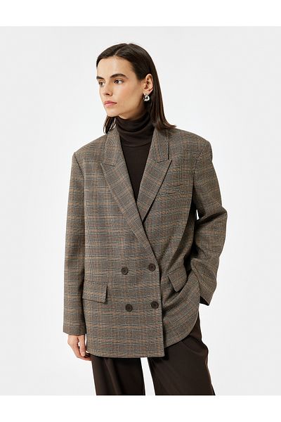 Koton Buttoned Long Sleeve Double Breasted Plaid Blazer Jacket with Flap Pocket Detail